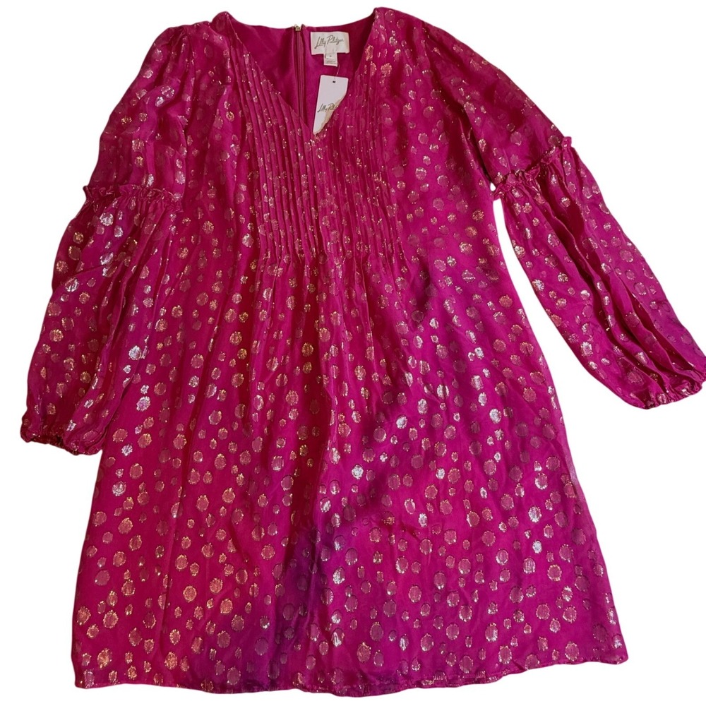 Lilly Pulitzer Lauralyn Silk Dress Villa Green Pink Gold Metallic Polka Dot 2